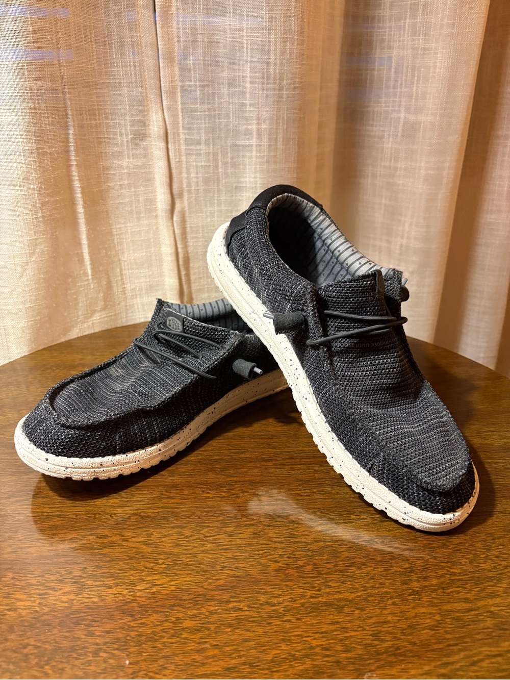 Hey Dude Black Knit Slip-On Loafers with White Speckled Sole